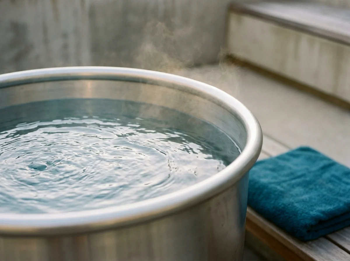 Detail of still water surface in a stainless cold plunge tub with morning light