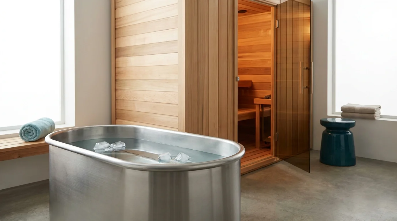 Modern recovery suite with wood-panelled dry sauna door open beside stainless cold plunge tub