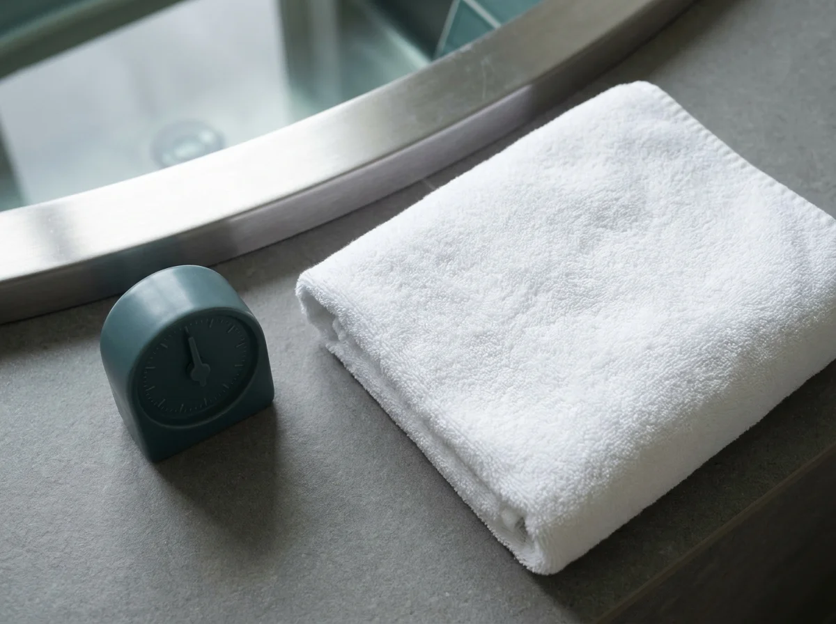 Folded white towel and minimal timer on the rim of a stainless cold plunge tub