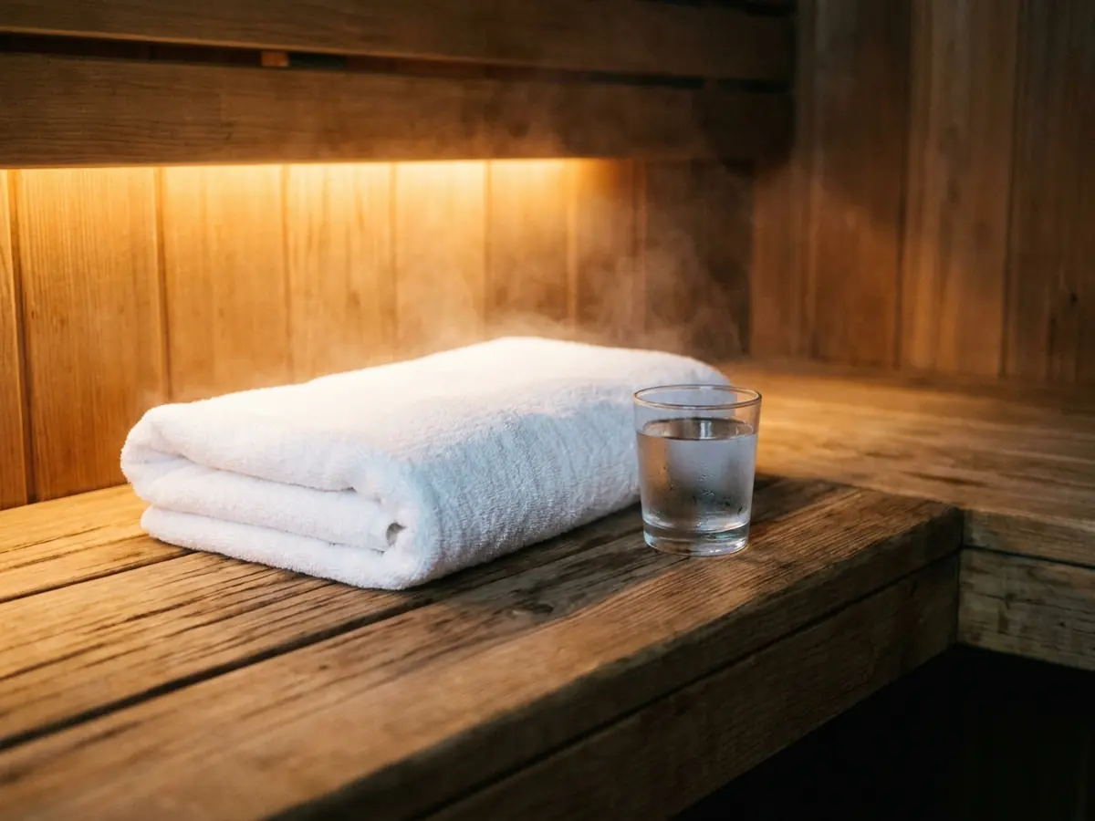 Detail of warm wooden sauna interior with a folded white towel and water glass on the bench