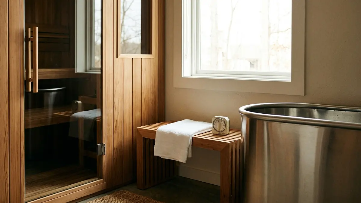 A recovery suite with a wood sauna and stainless cold plunge side by side, separated by a wood bench