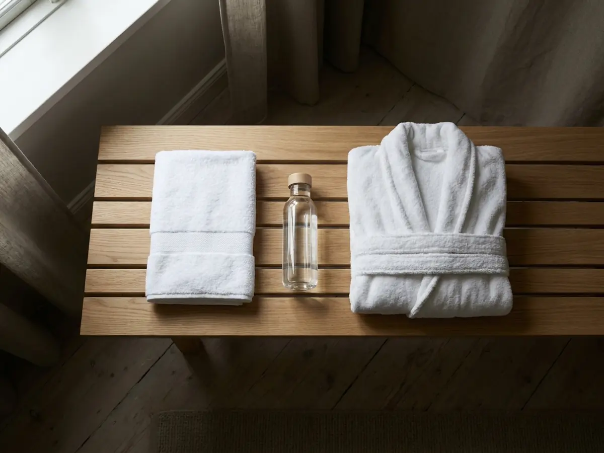 Folded white towel, glass water bottle, and folded robe on a wood bench in a quiet recovery suite