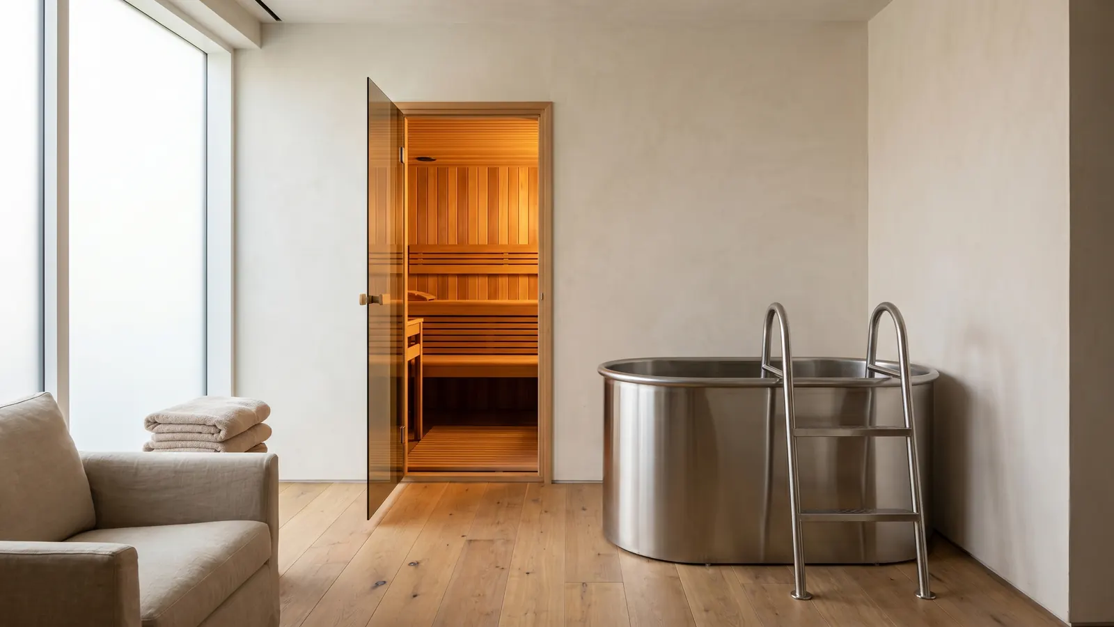 Contrast therapy recovery suite with dry sauna and cold plunge at BMS Wellness Santa Clara