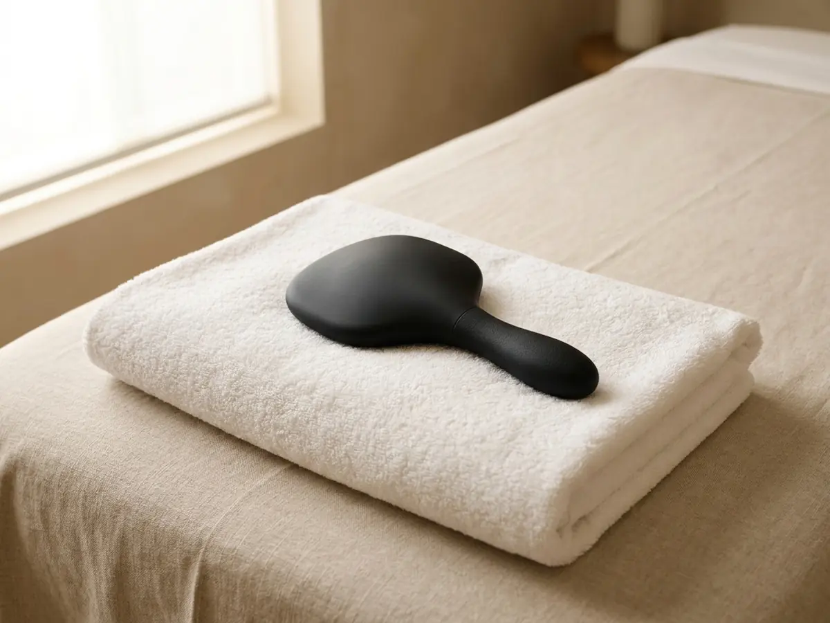 Detail of an Emsculpt NEO style applicator paddle on a folded towel in a treatment room