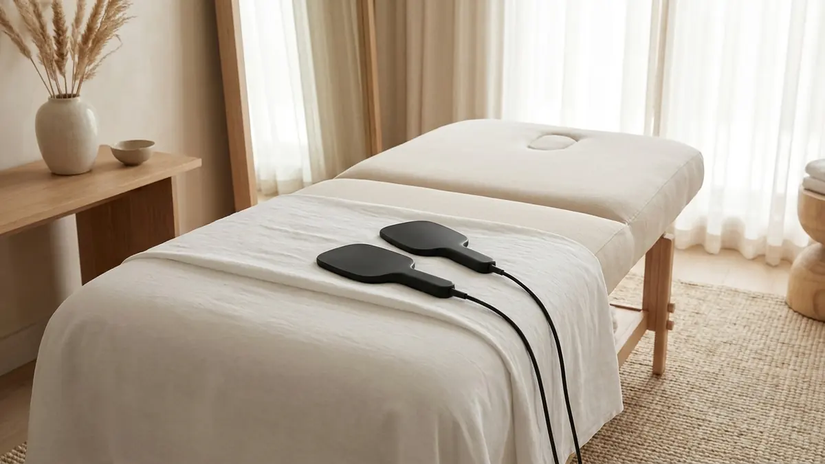 A neutral treatment room with two Emsculpt NEO style paddles arranged on a clean treatment bed