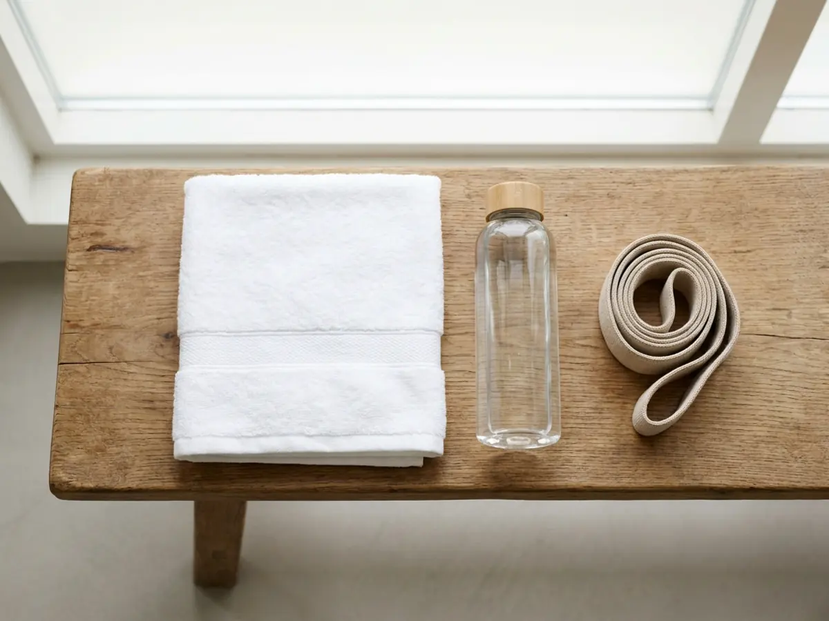Folded towel, glass water bottle, and resistance band on a wood bench in a recovery suite