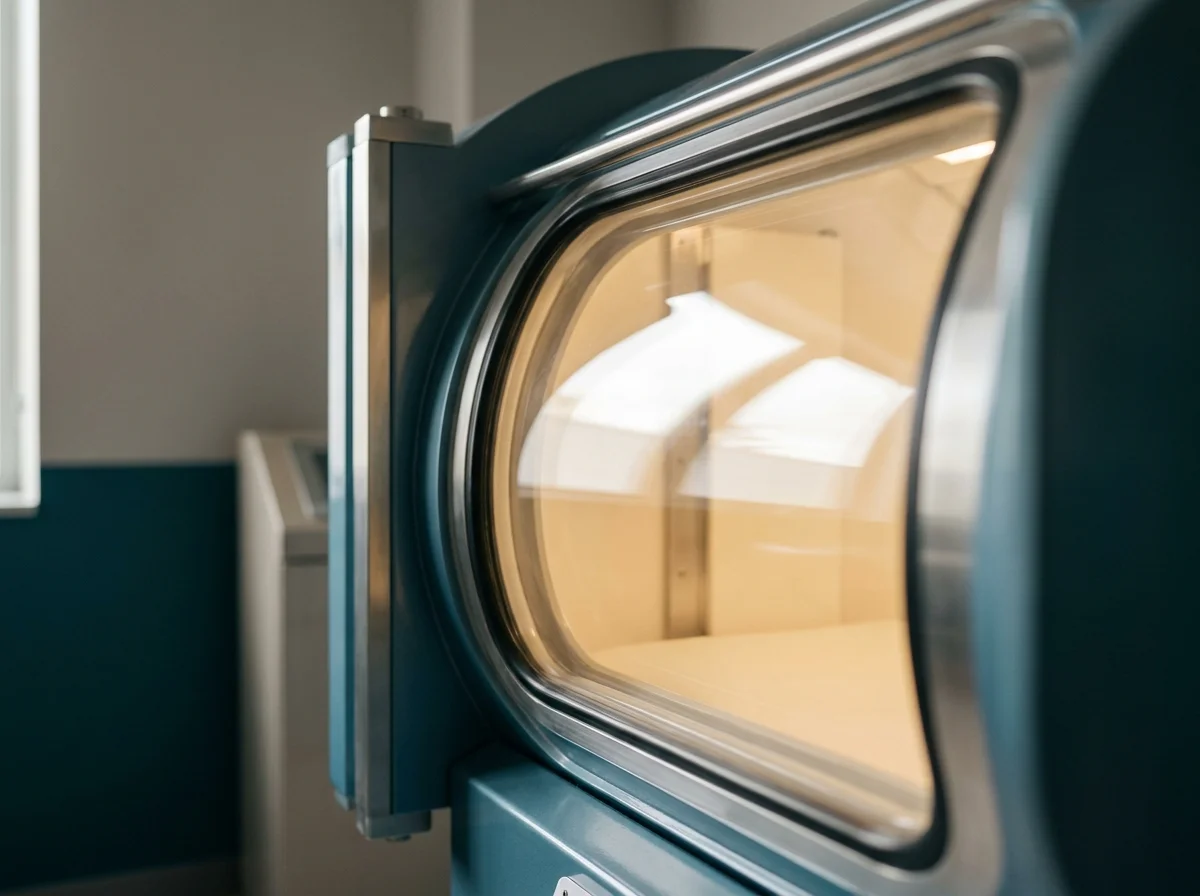Detail of the acrylic viewing window of a hyperbaric oxygen chamber with soft warm interior light