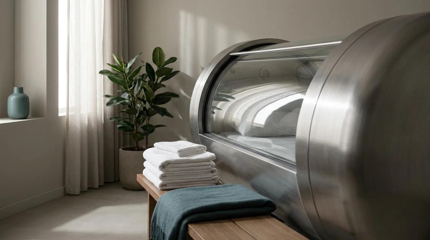 Side angle of a single hyperbaric oxygen chamber in a quiet recovery suite at BMS Wellness