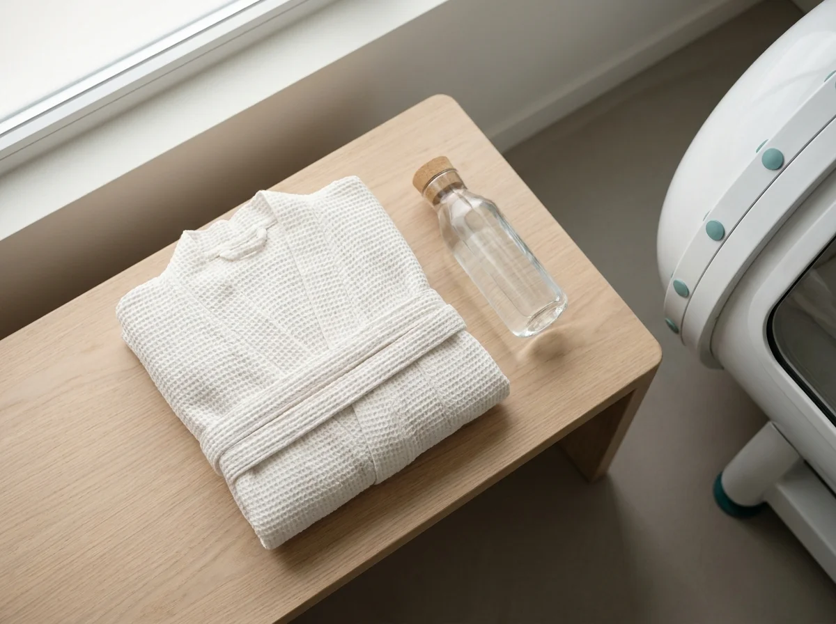 Folded white robe and water bottle on a wood bench beside the curved edge of a hyperbaric chamber