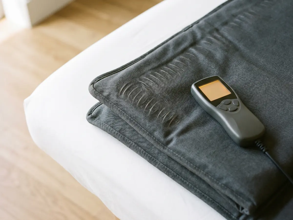 Detail of a folded PEMF therapy mat with handheld controller on a clean treatment bed
