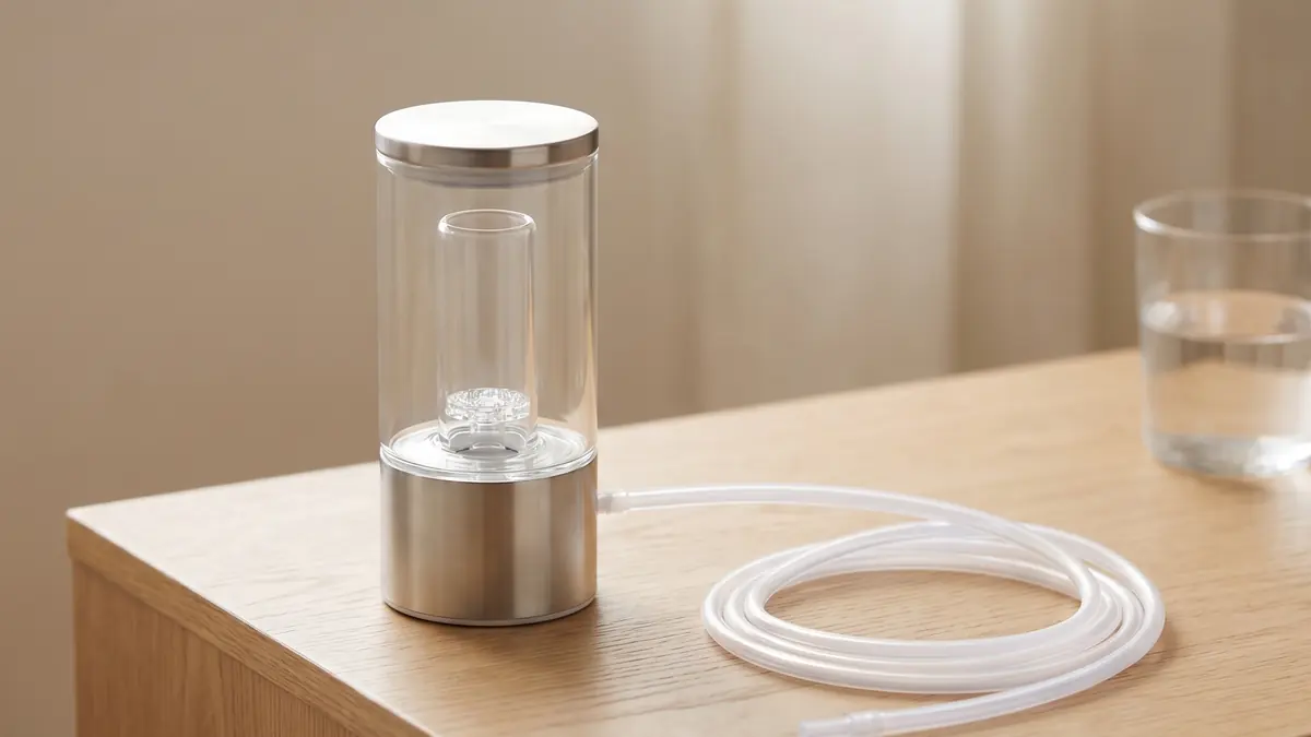 Countertop molecular hydrogen inhaler unit with nasal cannula on a wooden side table