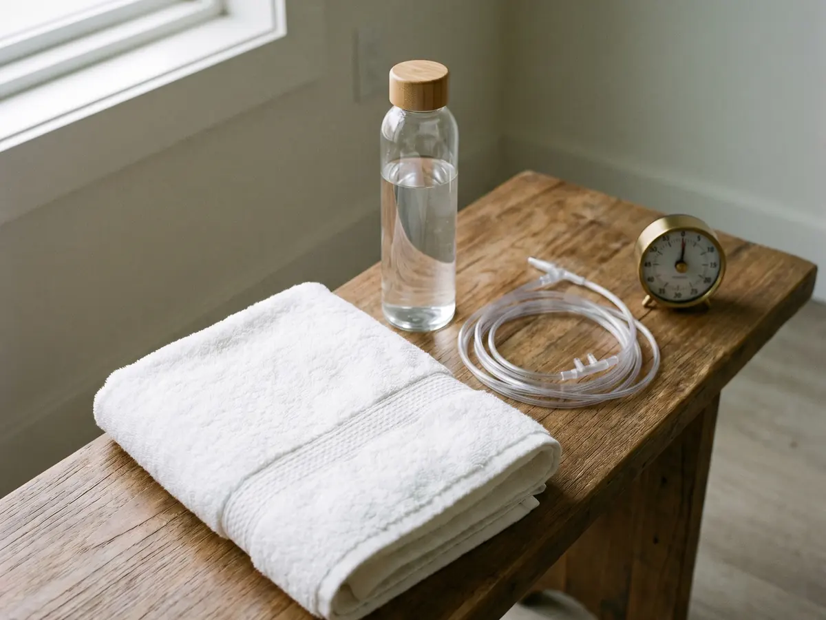 Folded towel, glass water bottle, coiled nasal cannula, and timer on a wood bench in a recovery suite