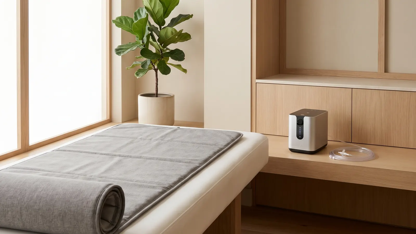 PEMF therapy mat and molecular hydrogen inhalation setup in a wellness recovery suite at BMS Wellness Santa Clara